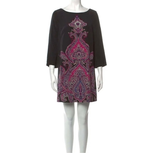 Tibi Sz 6 Silk Colorful Paisley Print Shift Dress Black Purple Art Deco S Mini - Picture 1 of 7